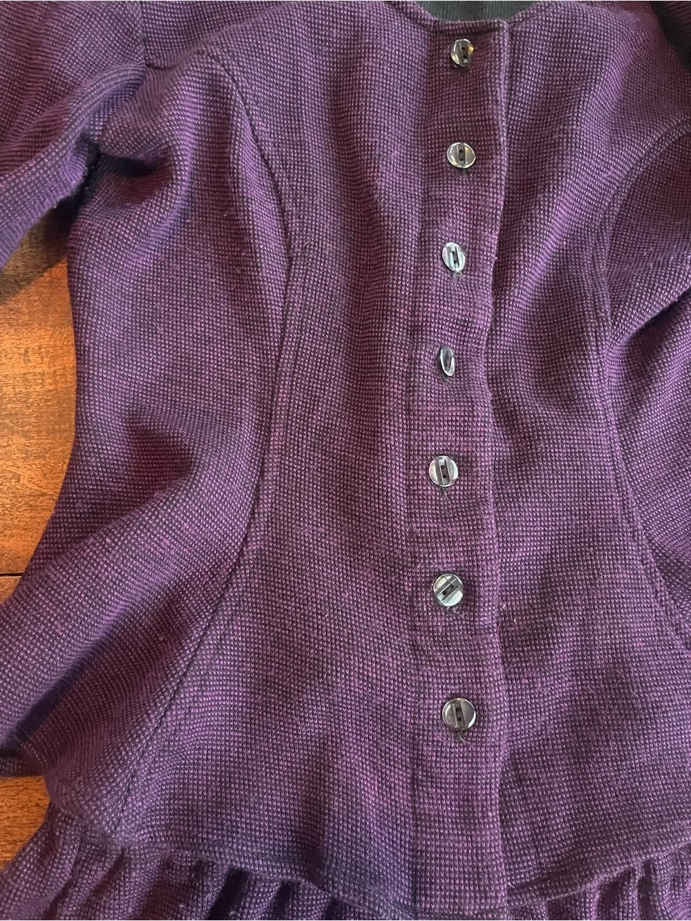 Vintage LE-AL Purple Black Skirt Suit Peplum Jacket Midi USA Made Sz 5-6 Artsy